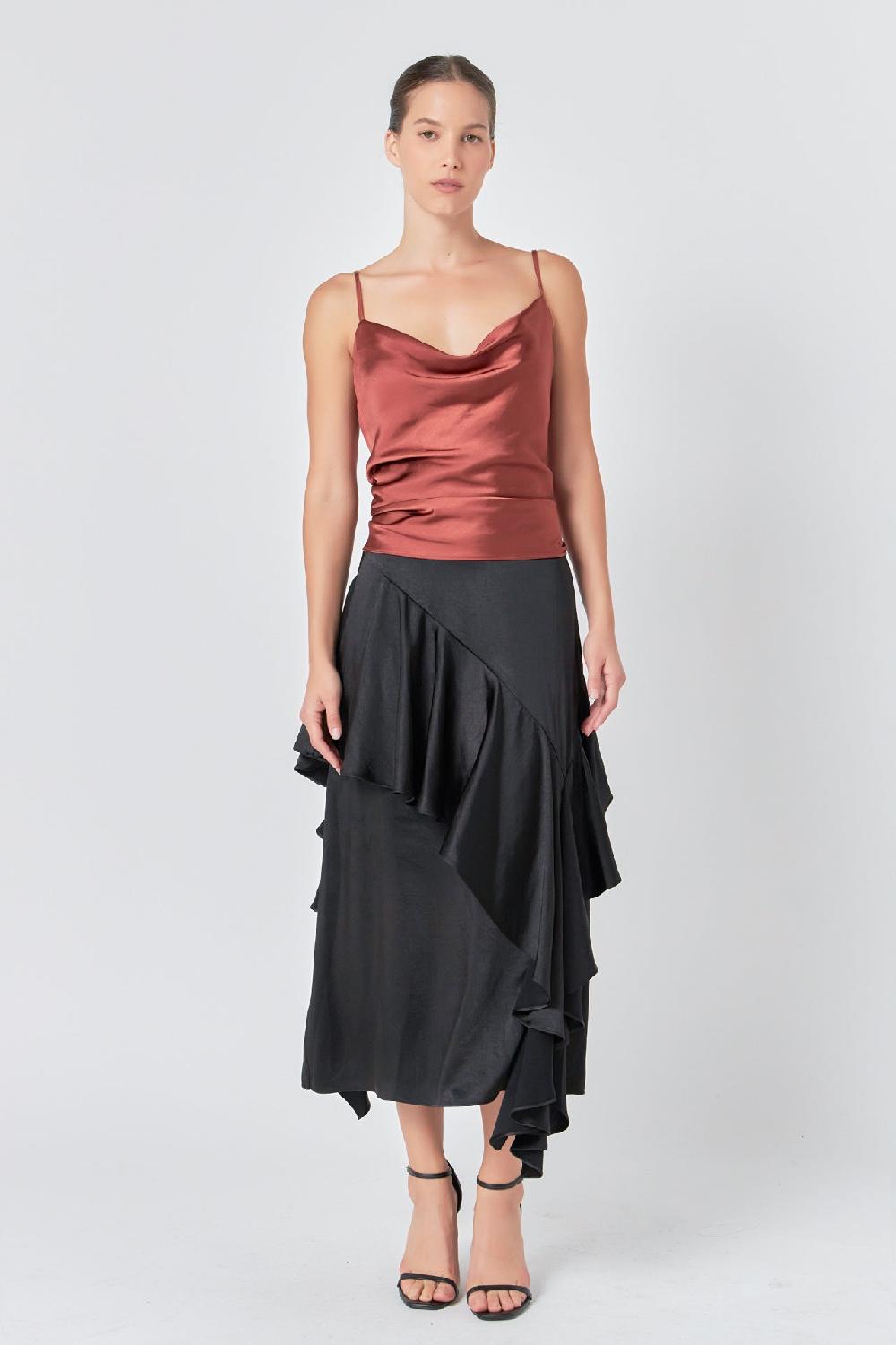 endless rose Satin Waterfall Midi Skirt BLACK