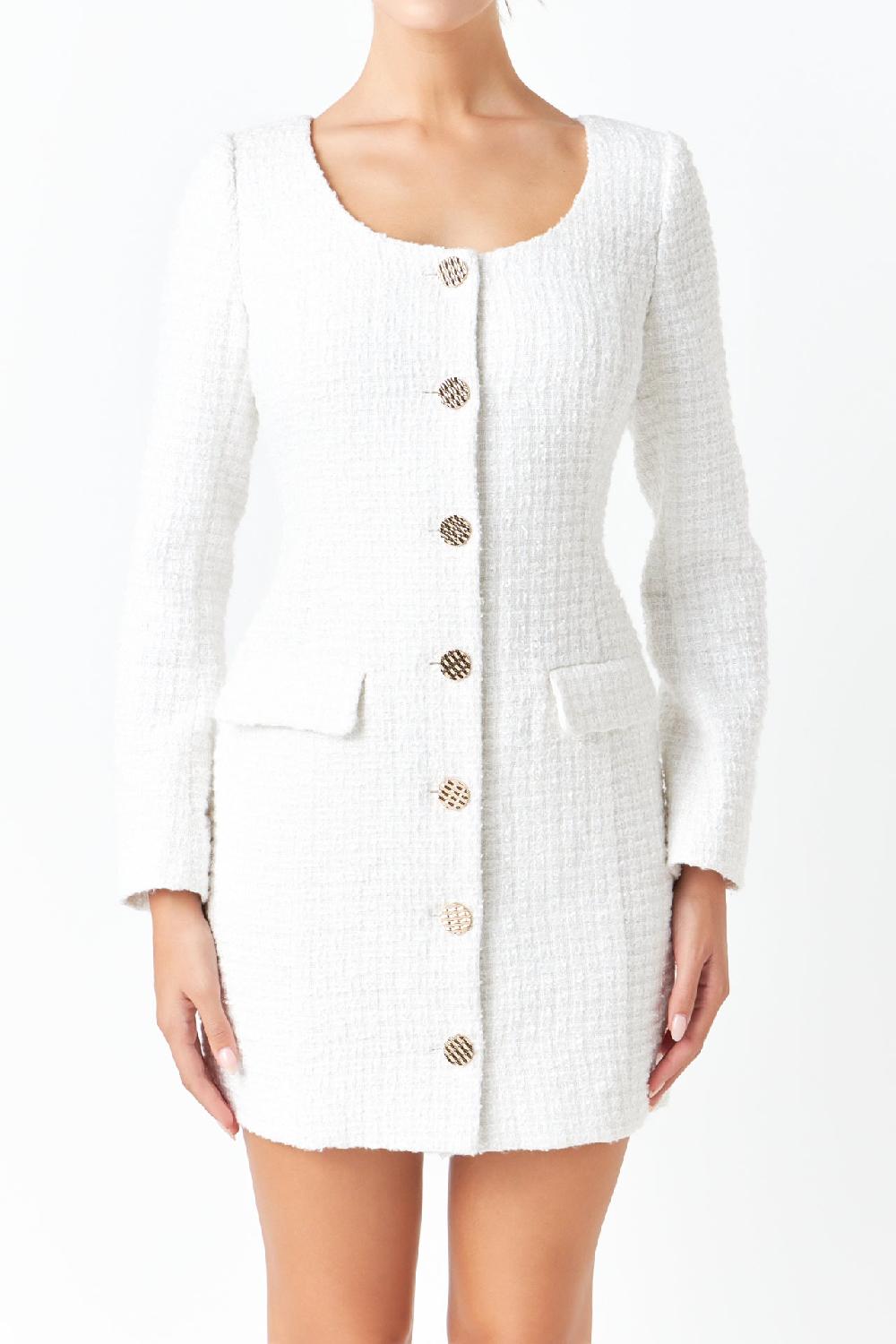 Endless Rose Scooped Neckline Tweed Dress WHITE