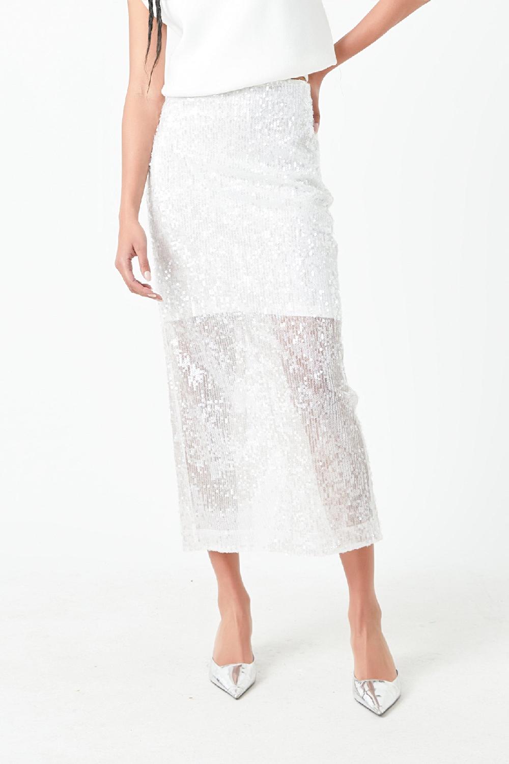 Endless Rose Sequin Back Slit Maxi Skirt WHITE
