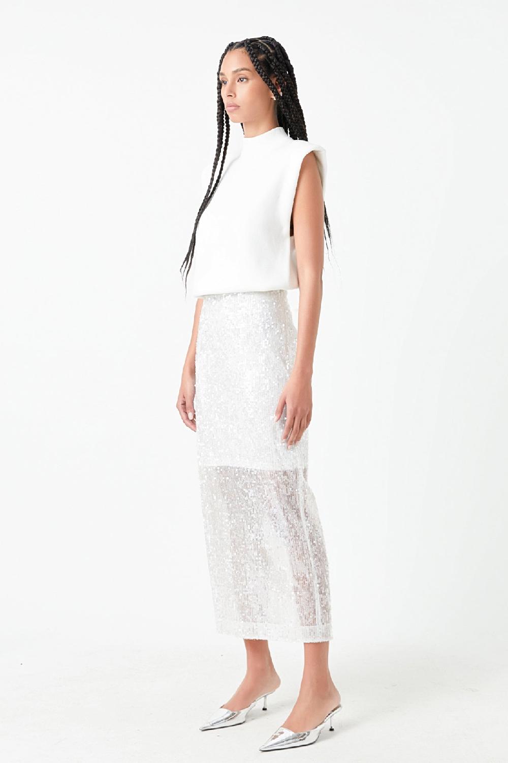 Endless Rose Sequin Back Slit Maxi Skirt WHITE