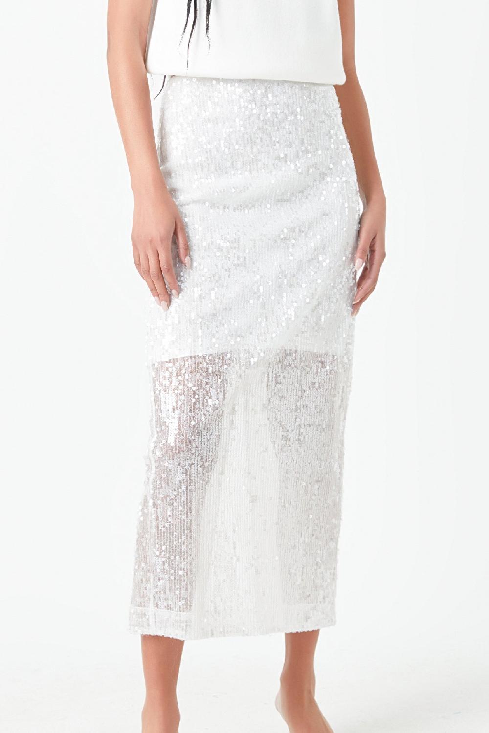 Endless Rose Sequin Back Slit Maxi Skirt WHITE