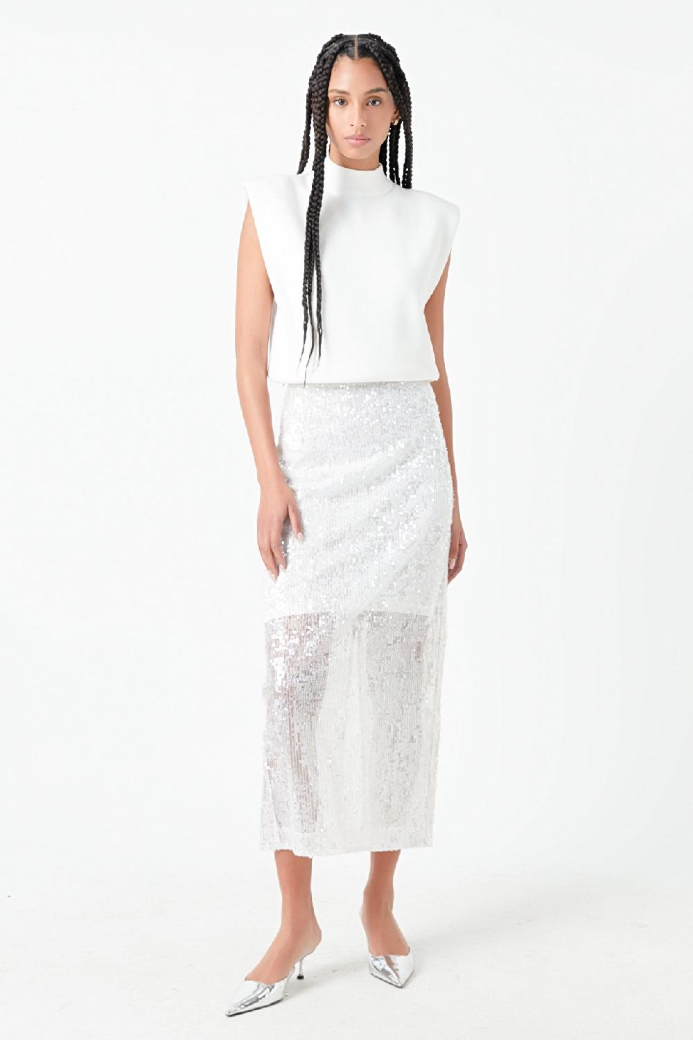 endless rose Sequin Back Slit Maxi Skirt WHITE