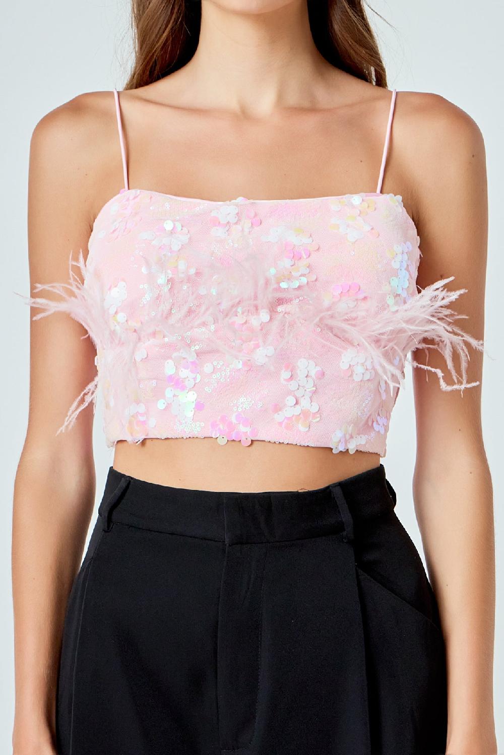 Endless Rose Sequin Feather Sleeveless Top PINK