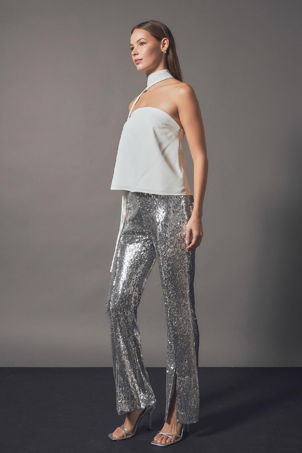 Endless Rose Sequin Flare Pants SILVER