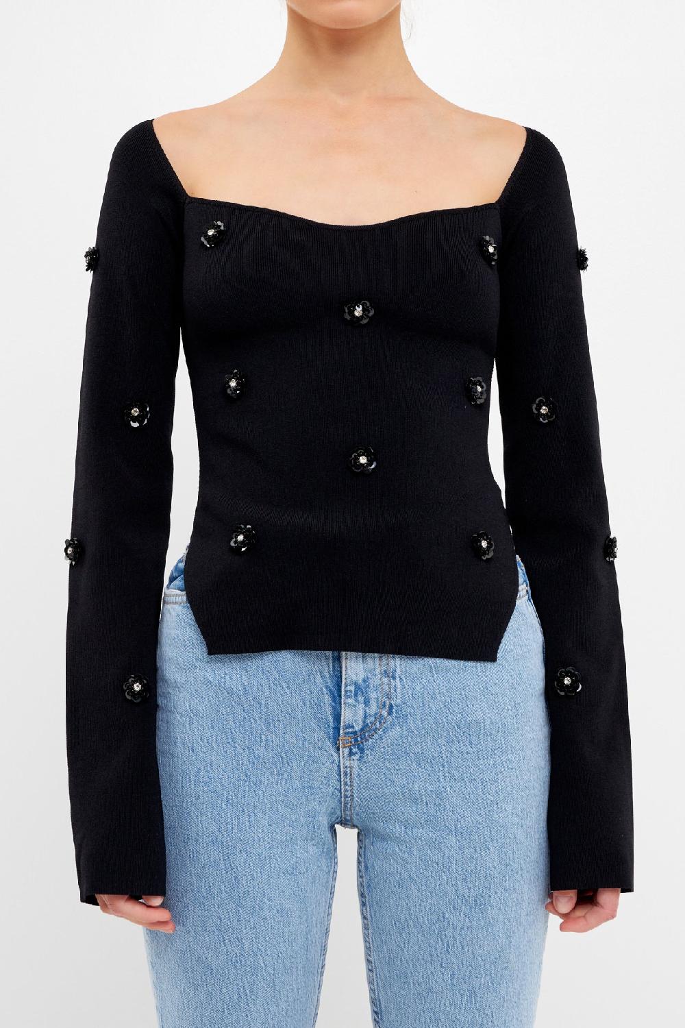 Endless Rose Sequin Flower Sweater BLACK