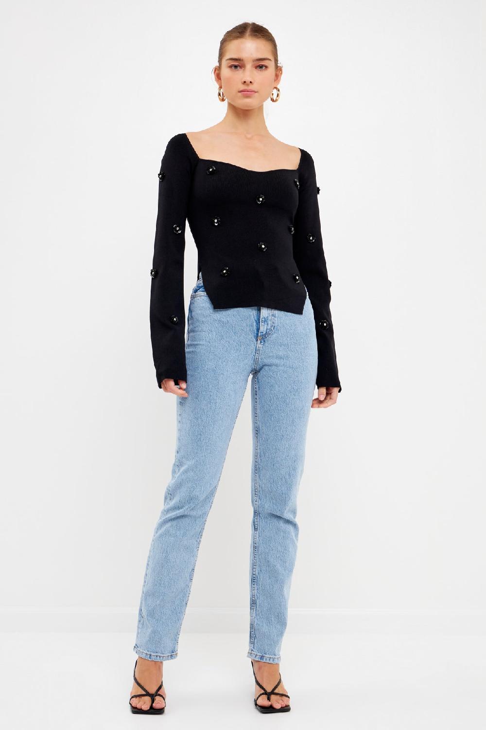 Endless Rose Sequin Flower Sweater BLACK