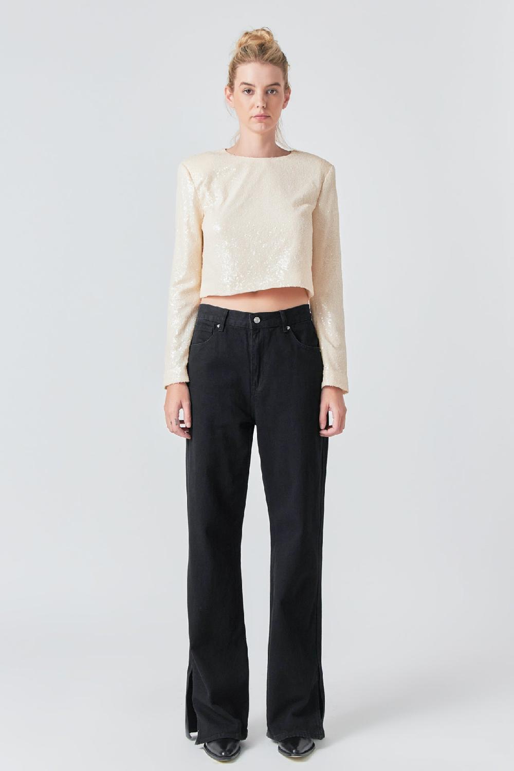 Endless Rose Sequin Power Shoulder Top LIGHT BEIGE