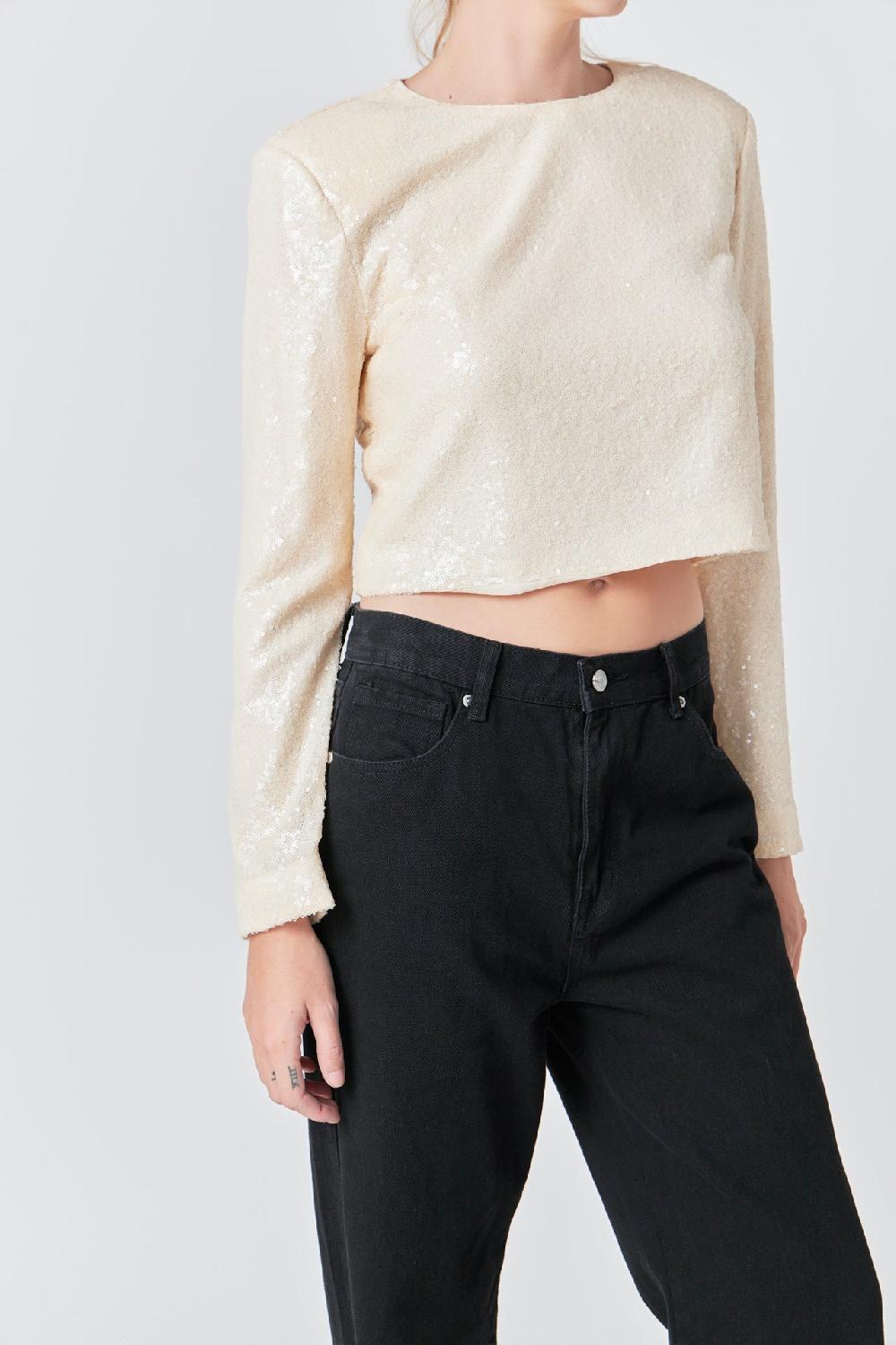 Endless Rose Sequin Power Shoulder Top LIGHT BEIGE