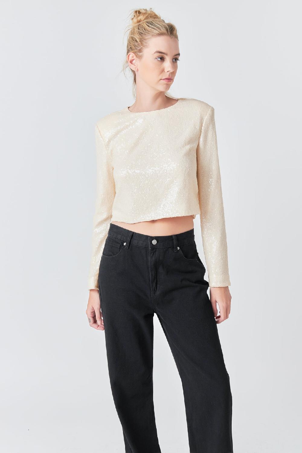 endless rose Sequin Power Shoulder Top LIGHT BEIGE