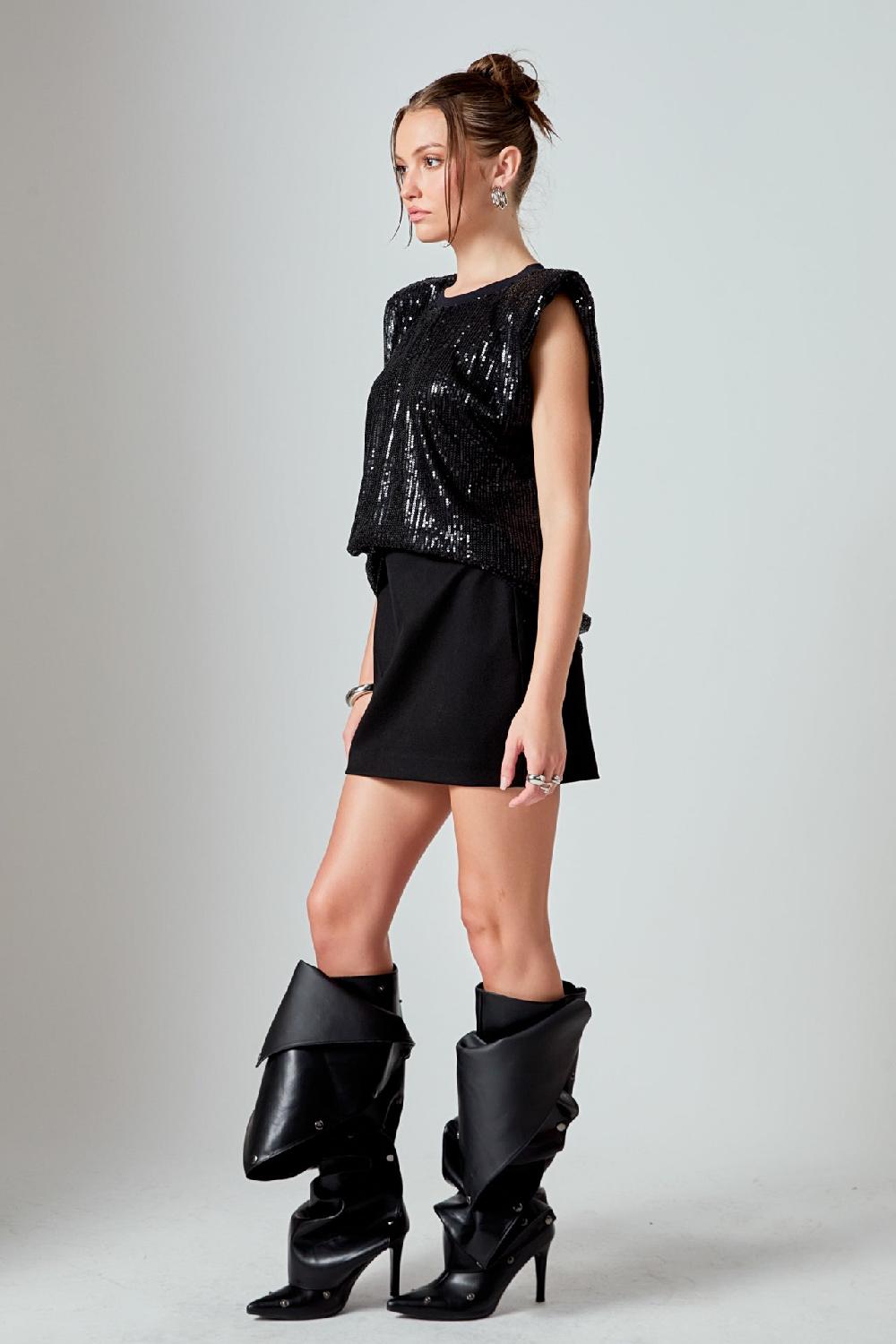 Endless Rose Sequin Shoulder Pad Top BLACK