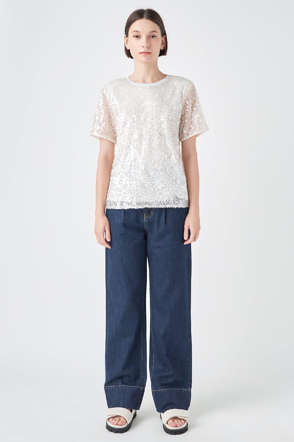 Endless Rose Sequin Shoulder Padded Top WHITE