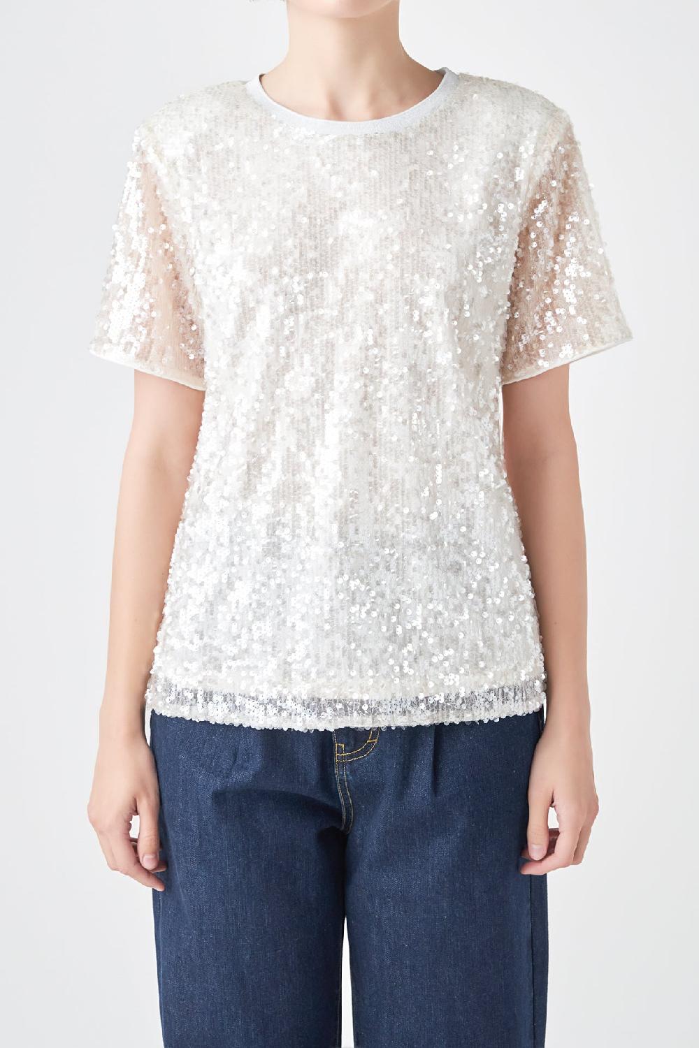 Endless Rose Sequin Shoulder Padded Top WHITE
