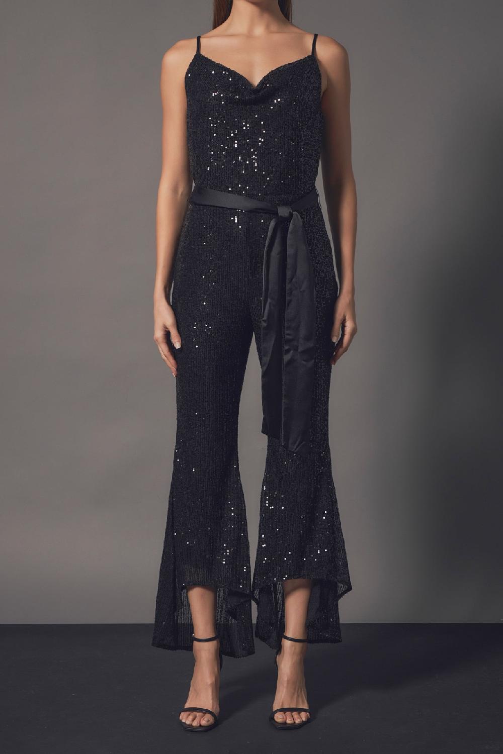 Endless Rose Sequin Spaghetti Strap Jumpsuit BLACK