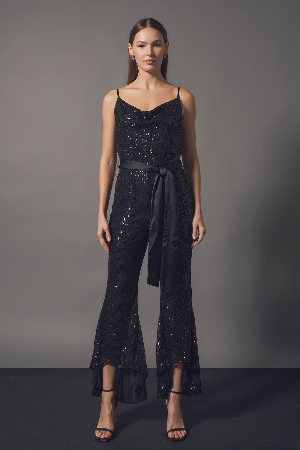 Endless Rose Sequin Spaghetti Strap Jumpsuit BLACK