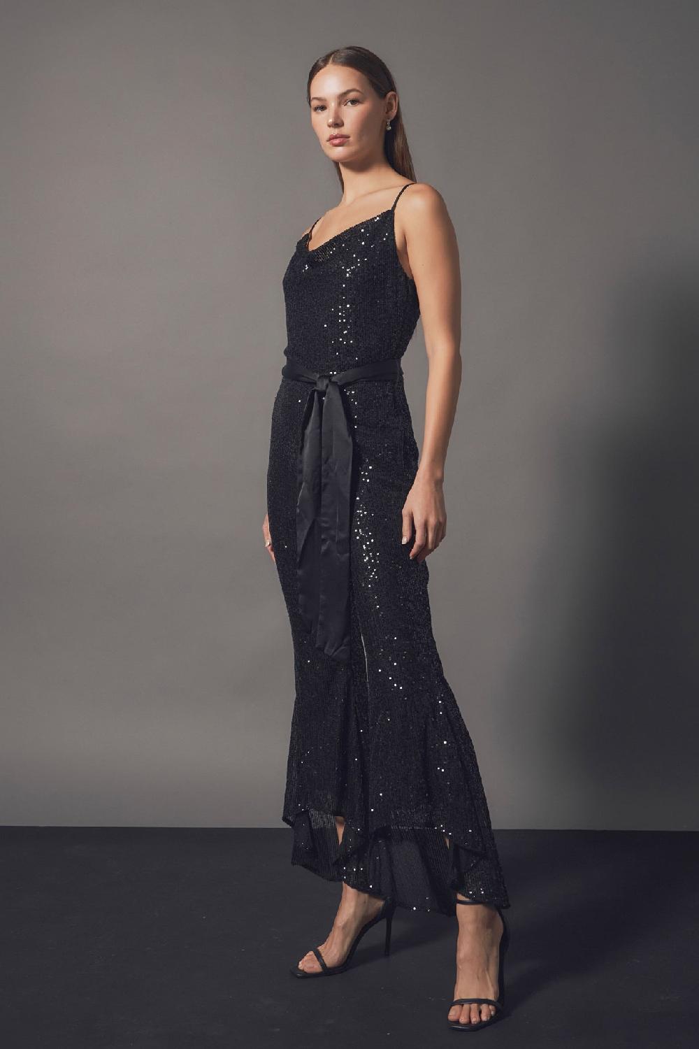 Endless Rose Sequin Spaghetti Strap Jumpsuit BLACK