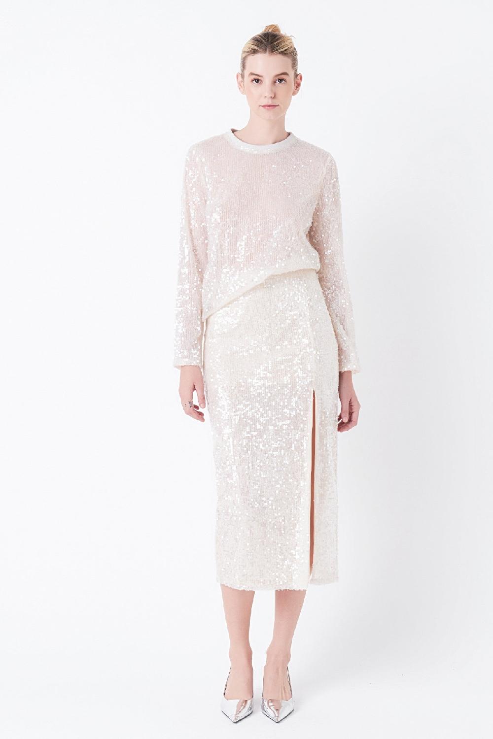 endless rose Sequin Vent Midi Skirt NUDE PINK
