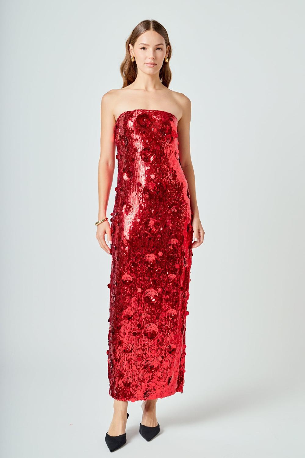endless rose Sequins Applique Midi Dress RED