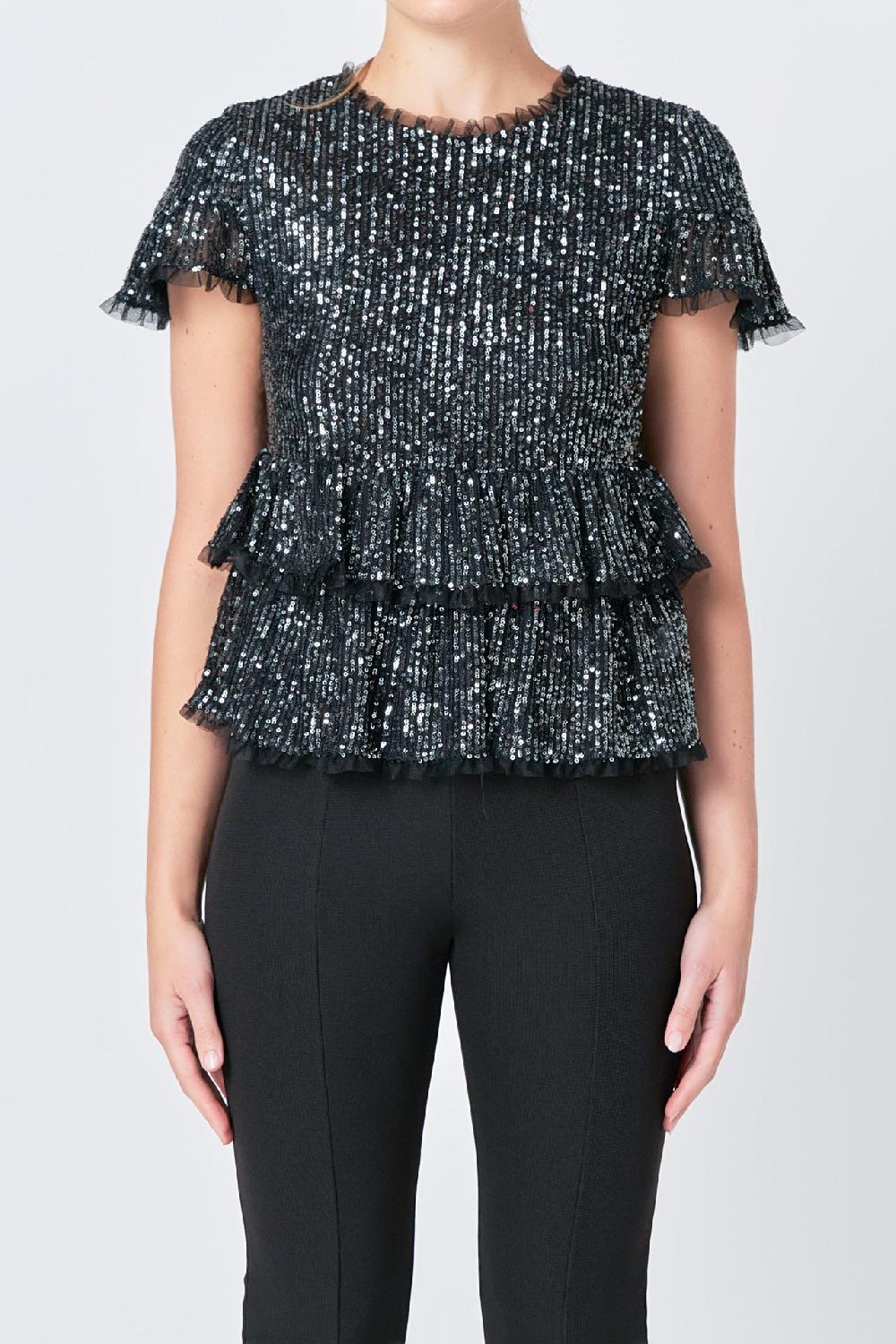 Endless Rose Sequins Baby Doll Top With Mesh IVORY