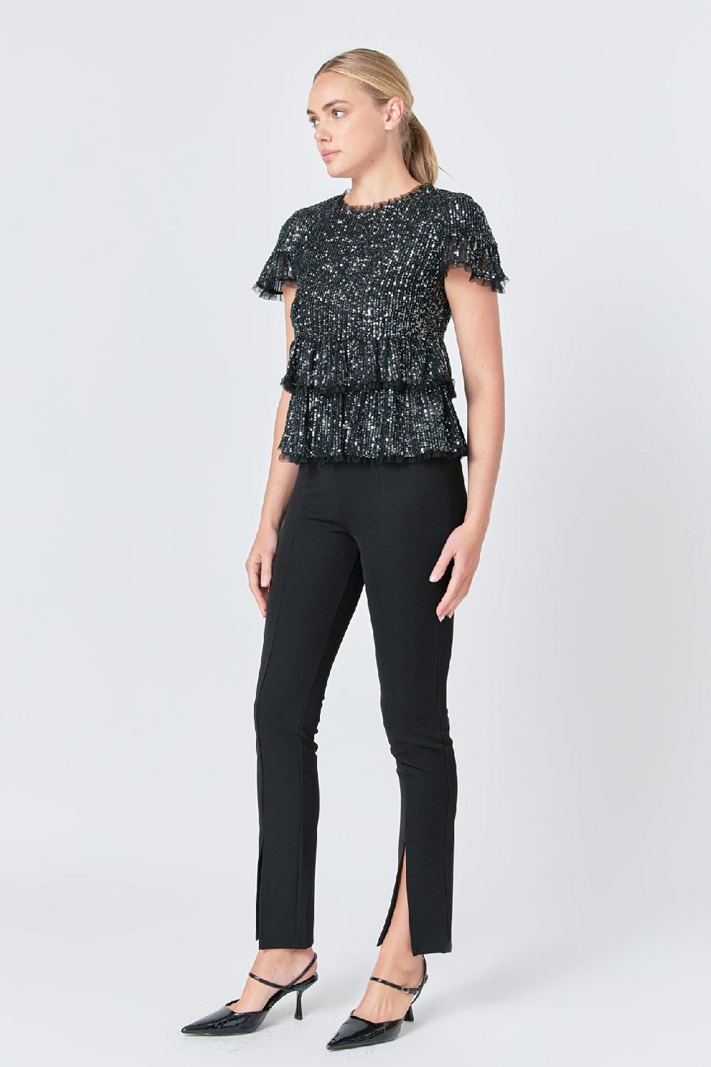 Endless Rose Sequins Baby Doll Top With Mesh IVORY