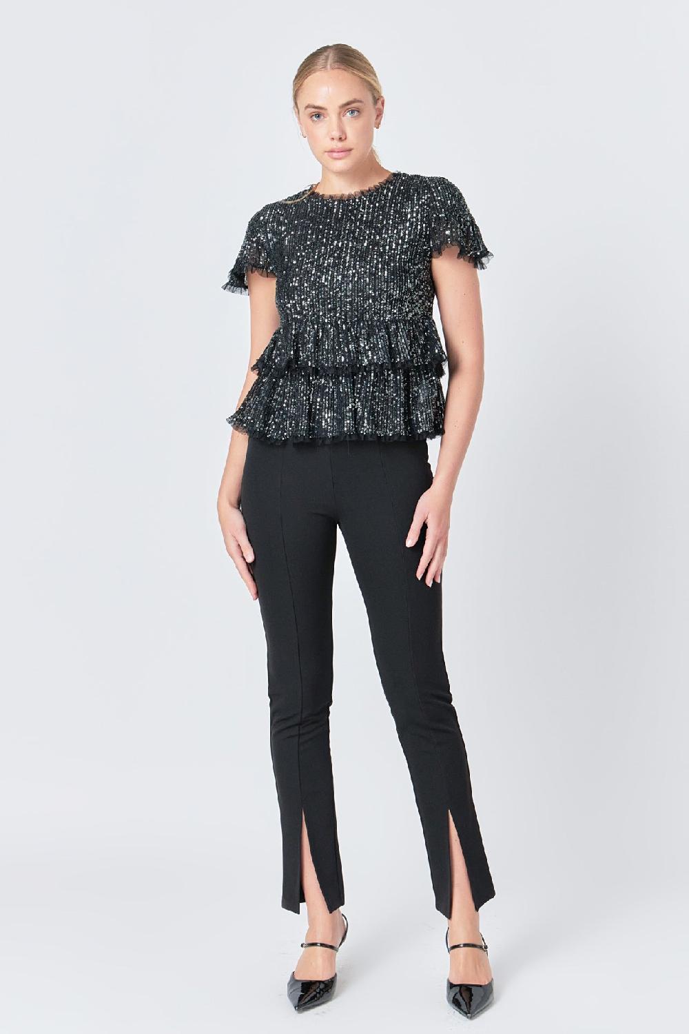 endless rose Sequins Baby Doll Top with Mesh IVORY