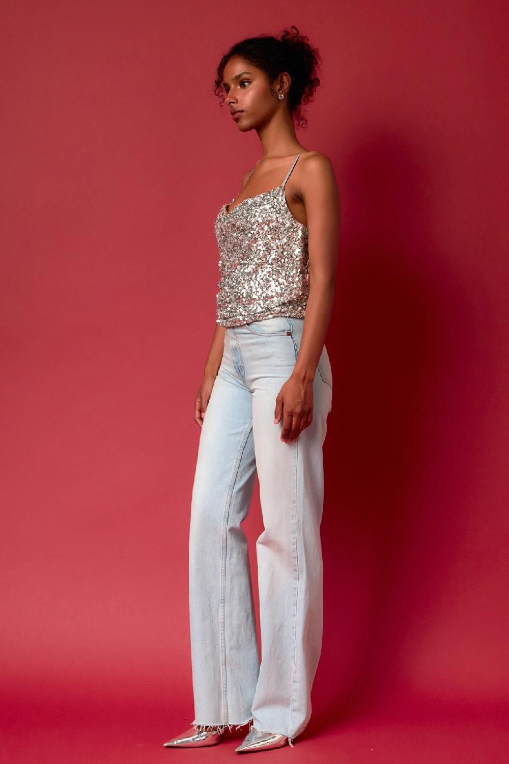 Endless Rose Sequins Cowl Neck Top SILVER