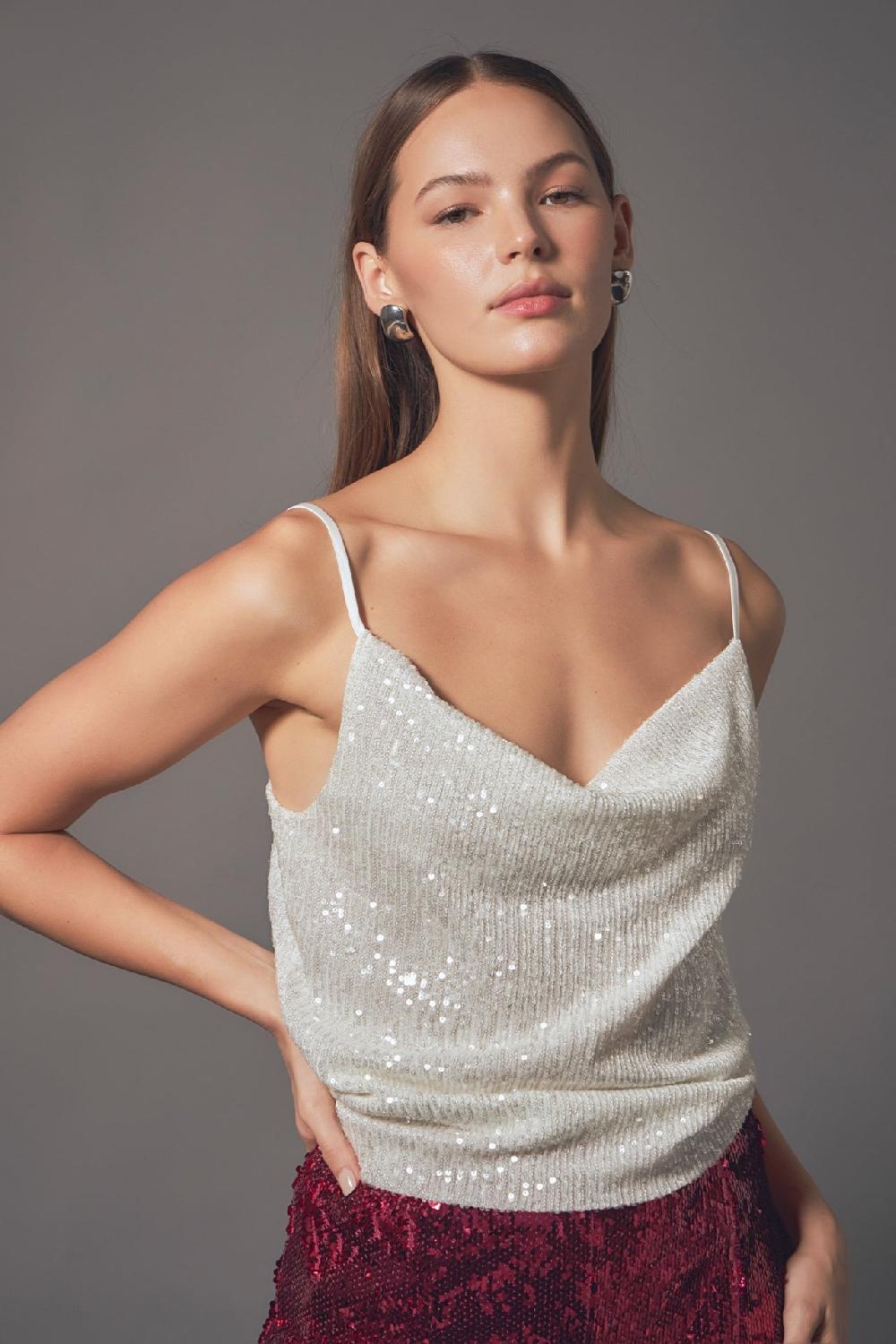endless rose Sequins Cowl Neck Top WHITE