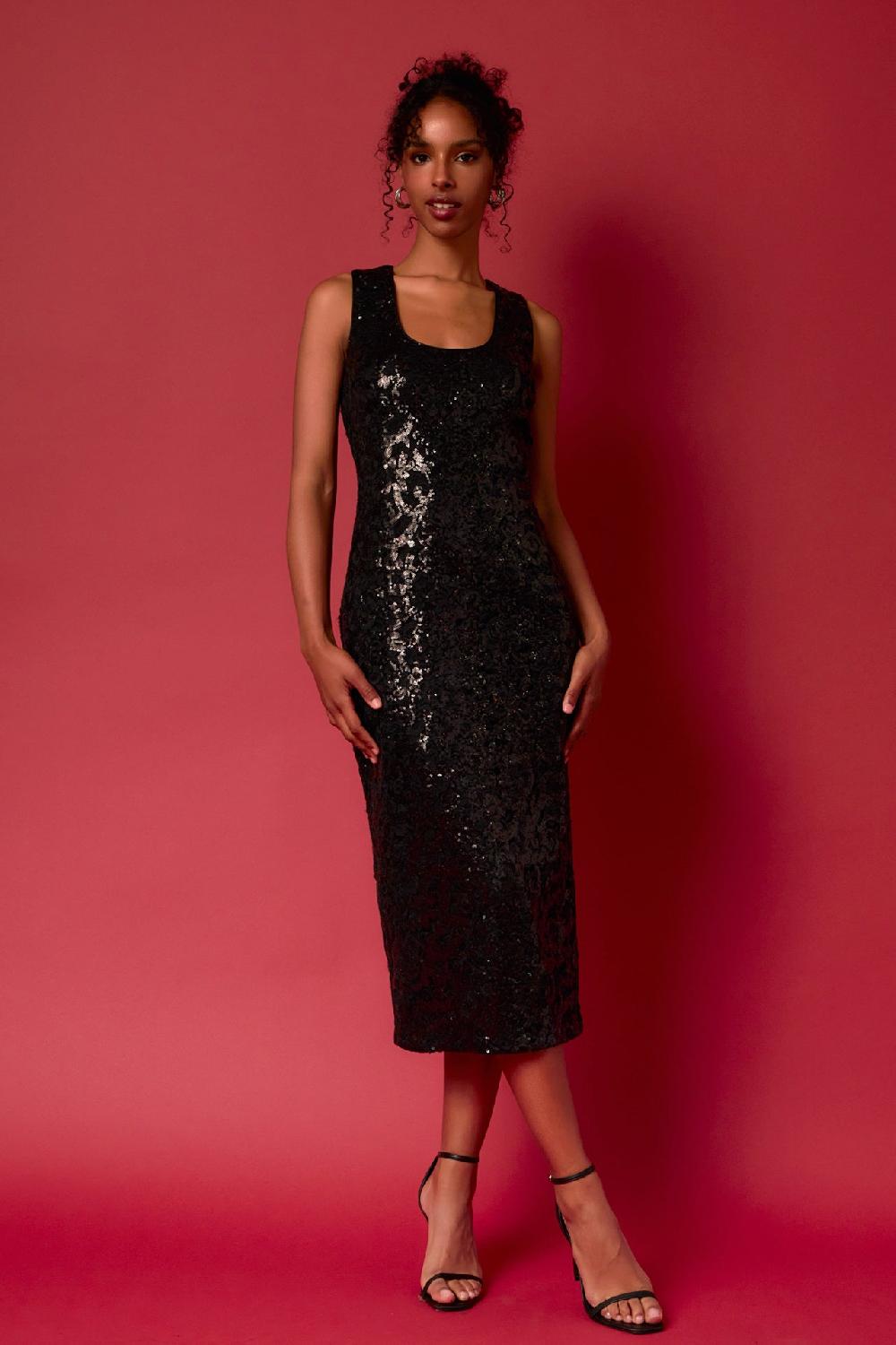 Endless Rose Sequins Crochet Slip Dress BLACK