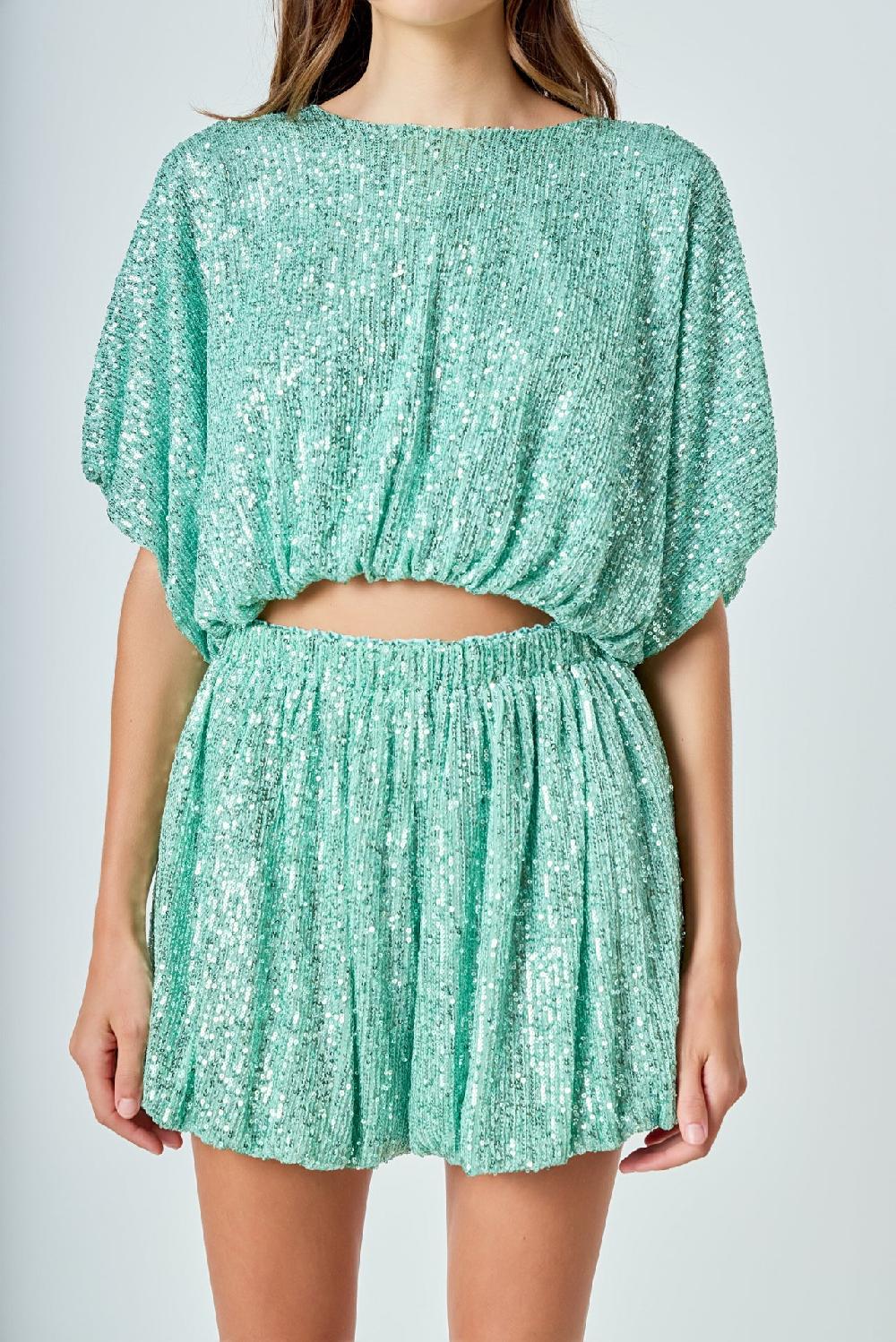 Endless Rose Sequins Cropped Puff Top GREEN