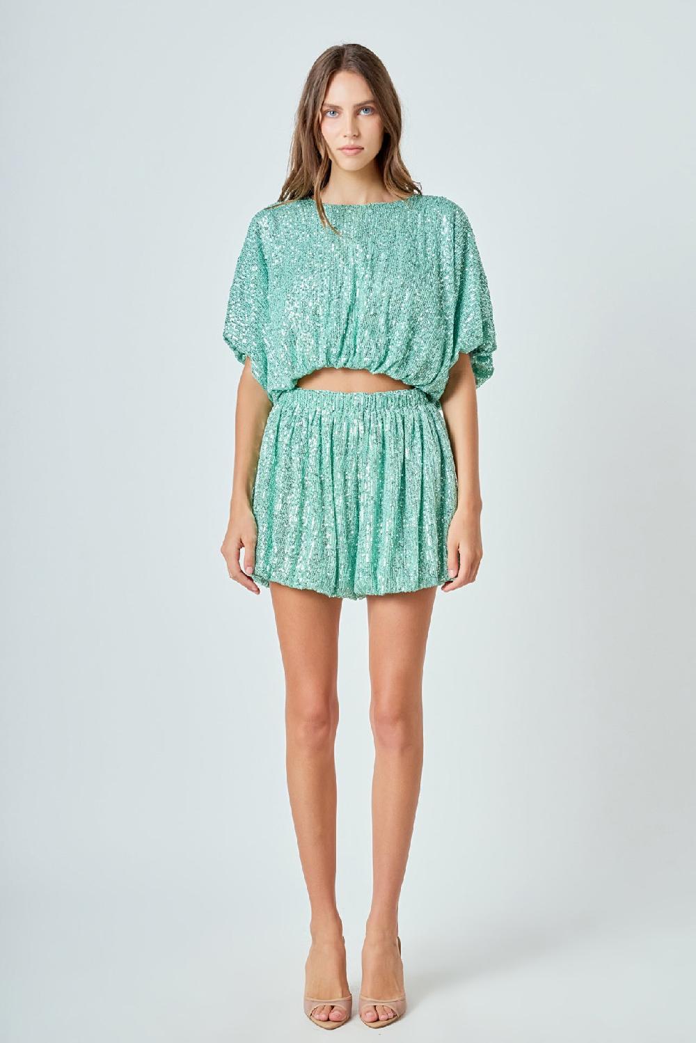 Endless Rose Sequins Cropped Puff Top GREEN