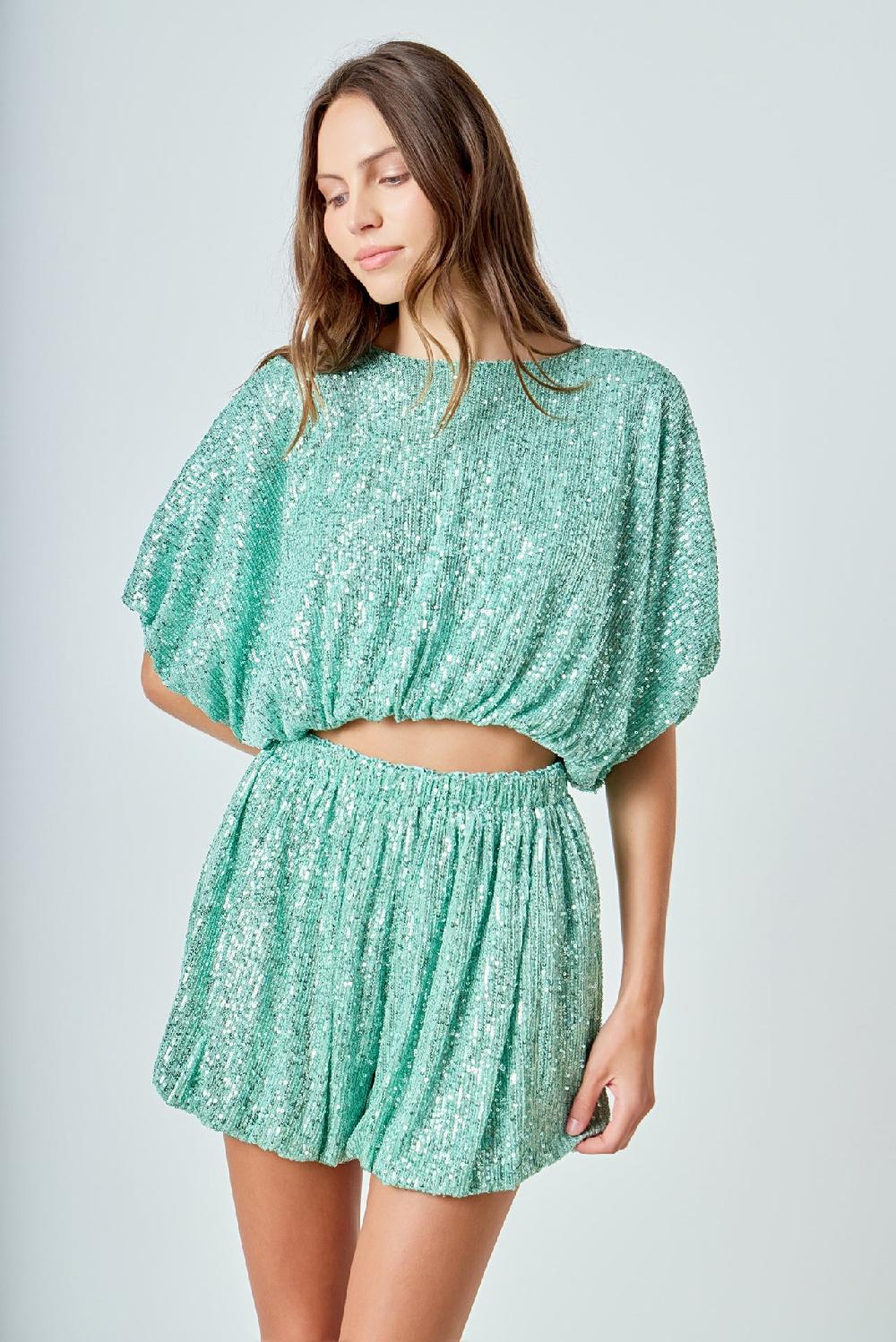 Endless Rose Sequins Cropped Puff Top GREEN