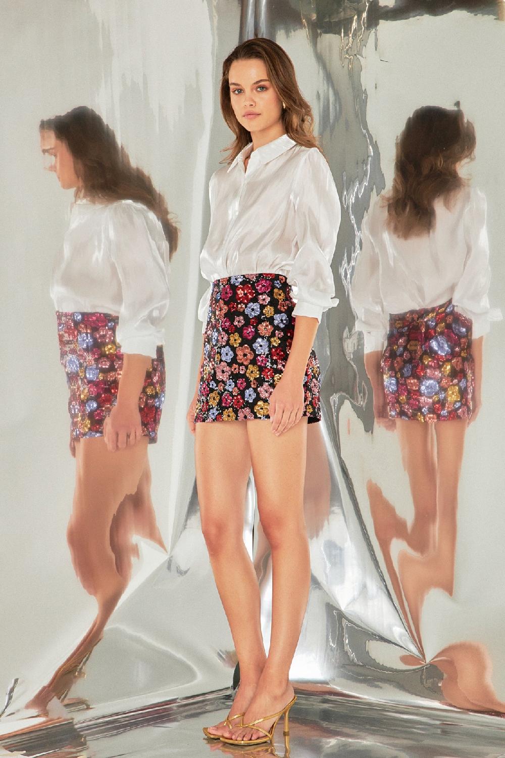 Endless Rose Sequins Floral Mini Skirt BLACK MULTI