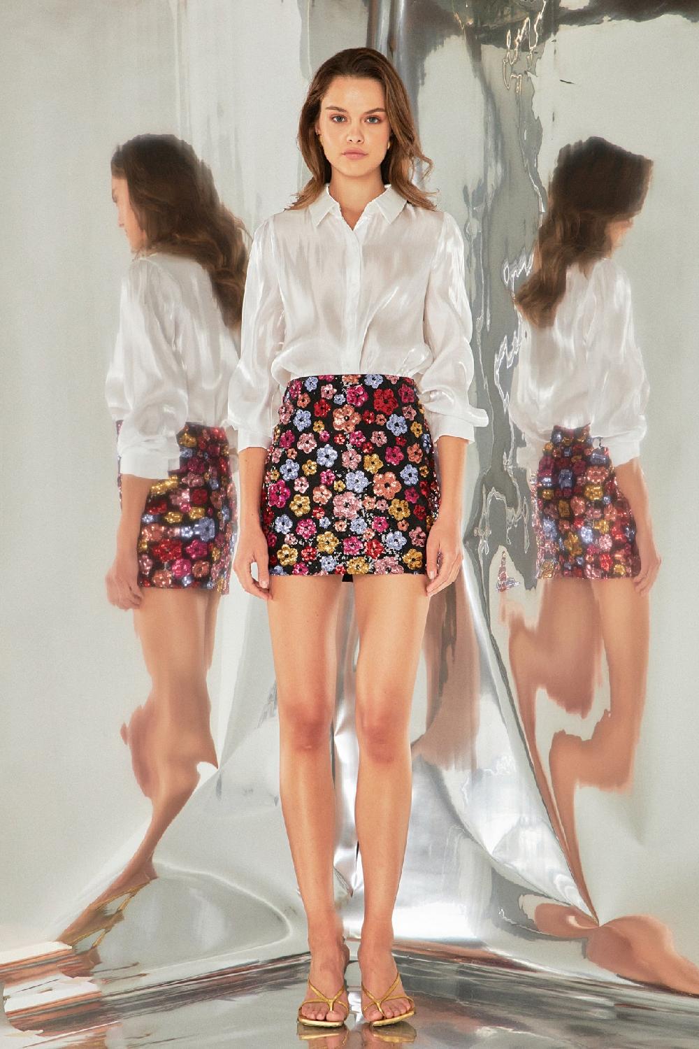 endless rose Sequins Floral Mini Skirt BLACK MULTI