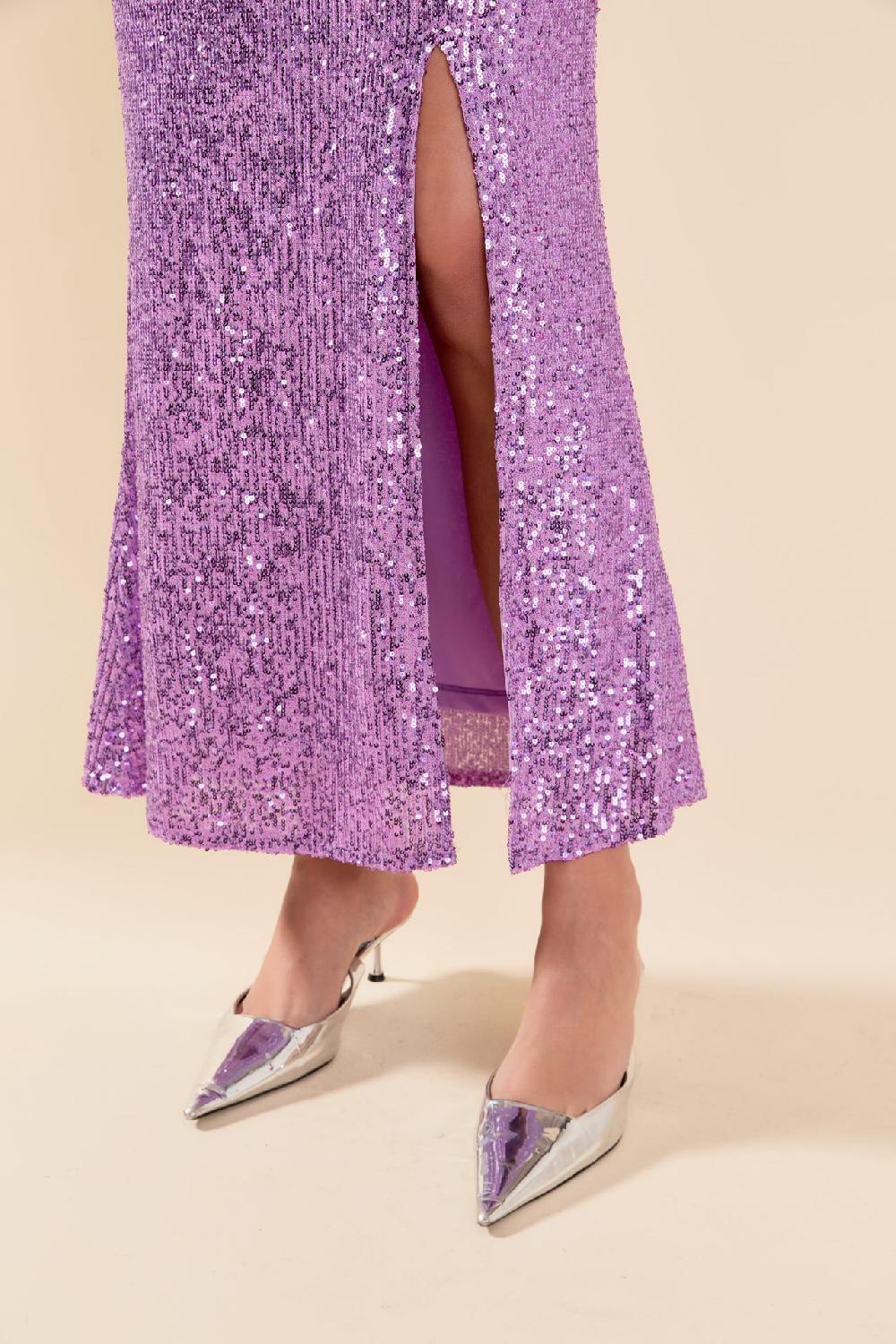Endless Rose Sequins Front Slit Midi Skirt PURPLE