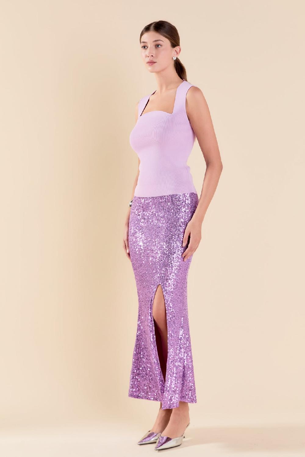 Endless Rose Sequins Front Slit Midi Skirt PURPLE
