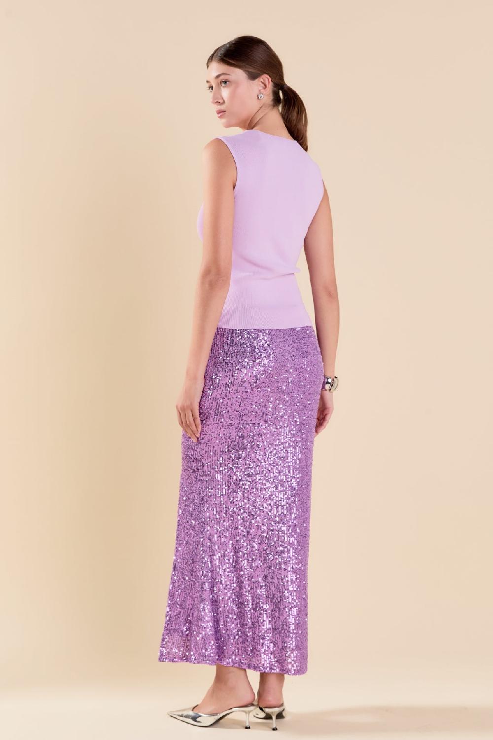 Endless Rose Sequins Front Slit Midi Skirt PURPLE