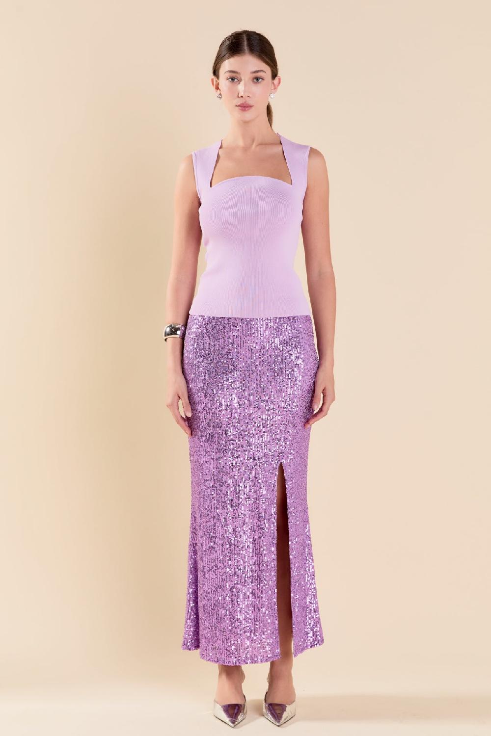 endless rose Sequins Front Slit Midi Skirt PURPLE
