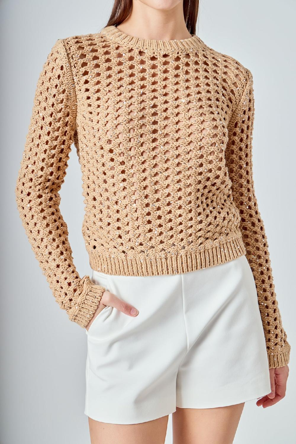 Endless Rose Sequins Knit Long Sleeve Top BEIGE