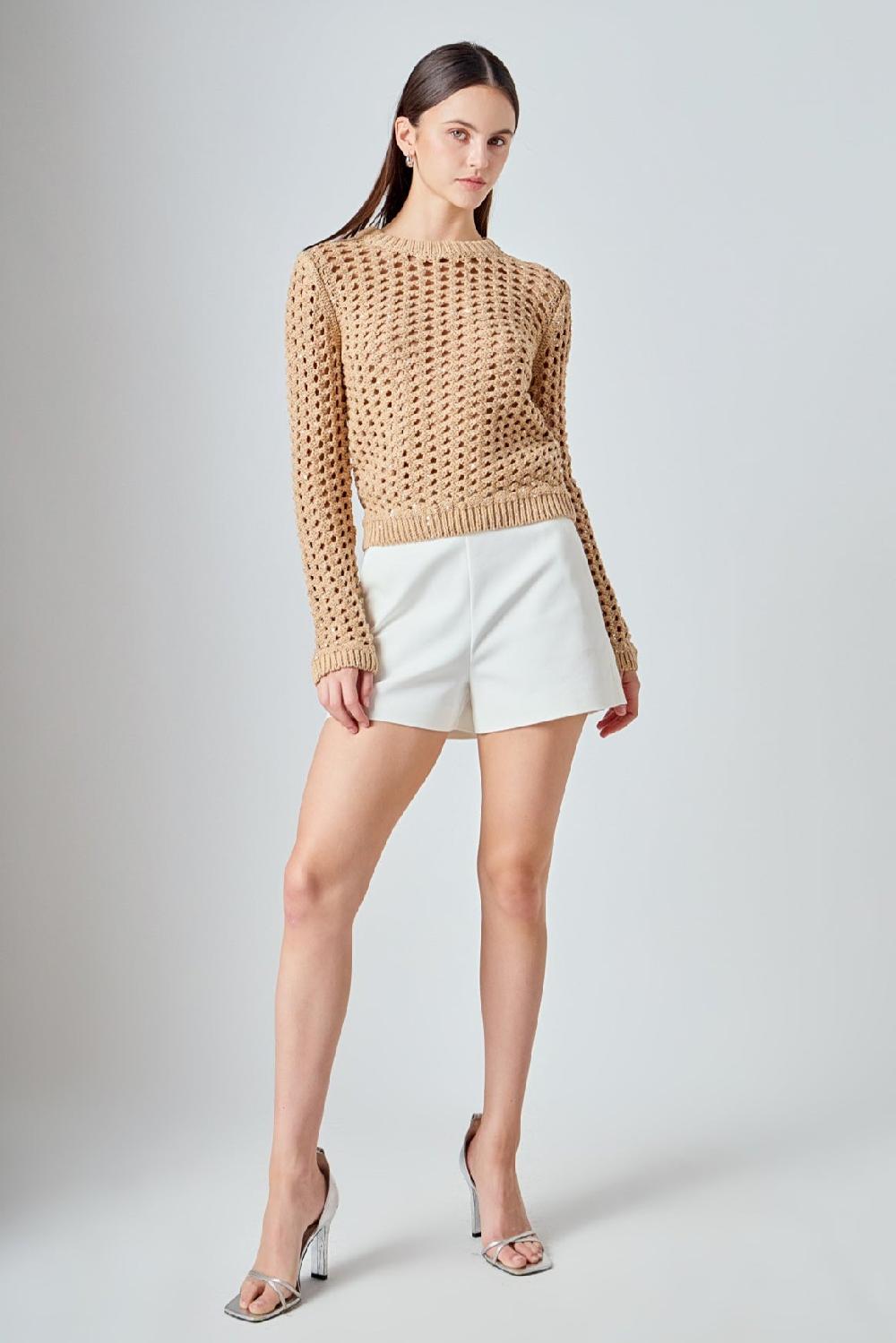 endless rose Sequins Knit Long Sleeve Top BEIGE