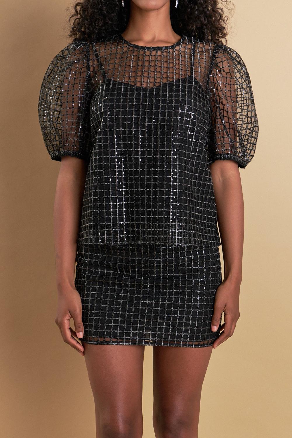 Endless Rose Sequins Mesh Grid Top BLACK