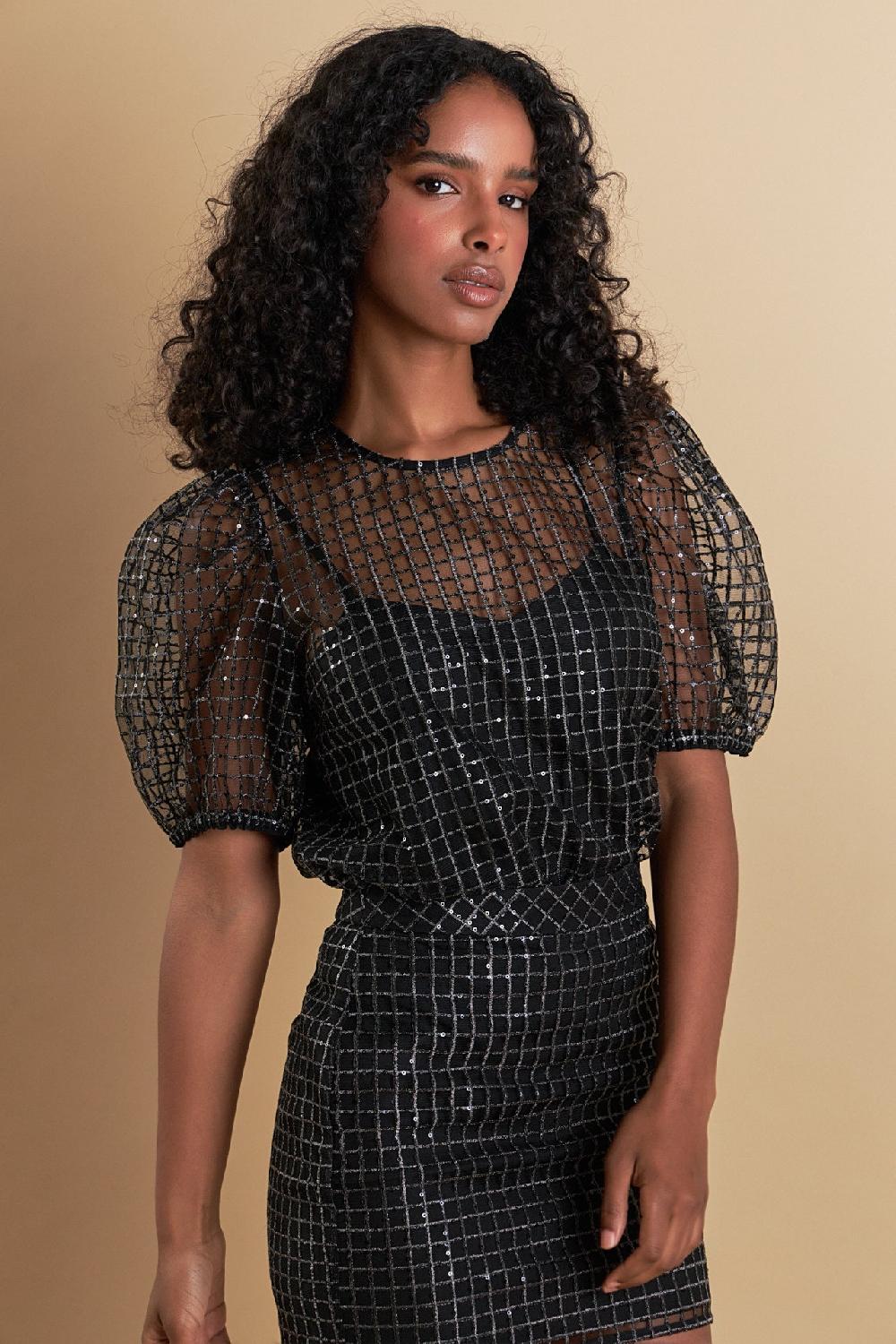 endless rose Sequins Mesh Grid Top BLACK