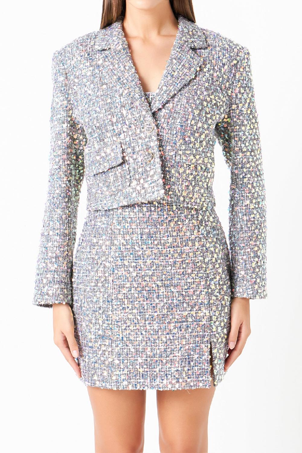 Endless Rose Sequins Tweed Blazer GREY MULTI