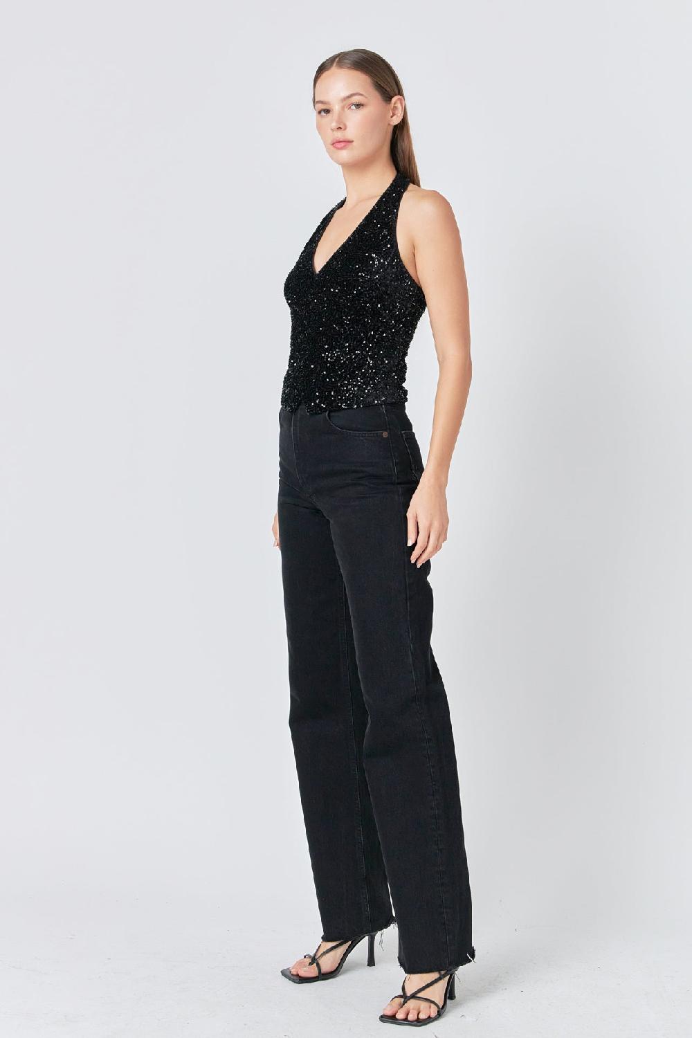 Endless Rose Sequins Velvet Halter Top BLACK