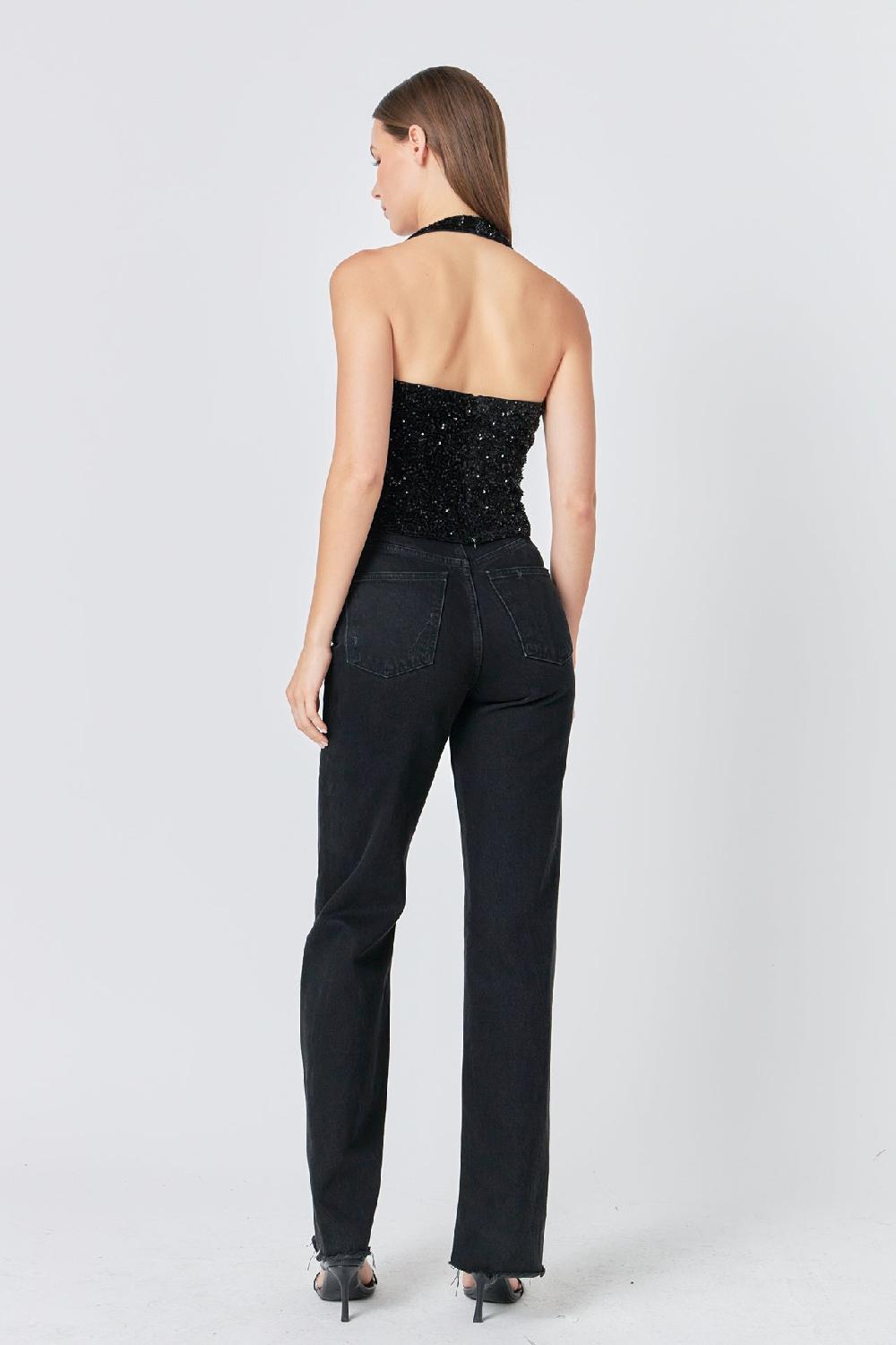 Endless Rose Sequins Velvet Halter Top BLACK