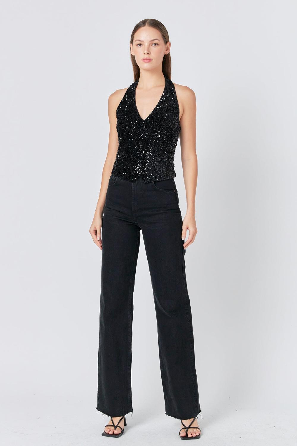 endless rose Sequins Velvet Halter Top BLACK