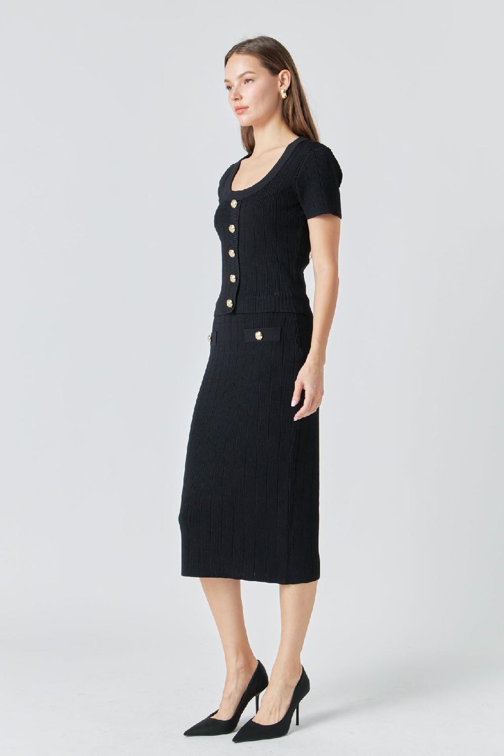 Endless Rose Shank Button Midi Skirt BLACK