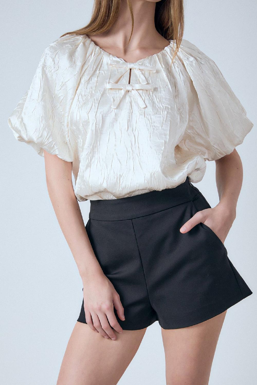 Endless Rose Sheen Crinkle Bow Detail Top CREAM