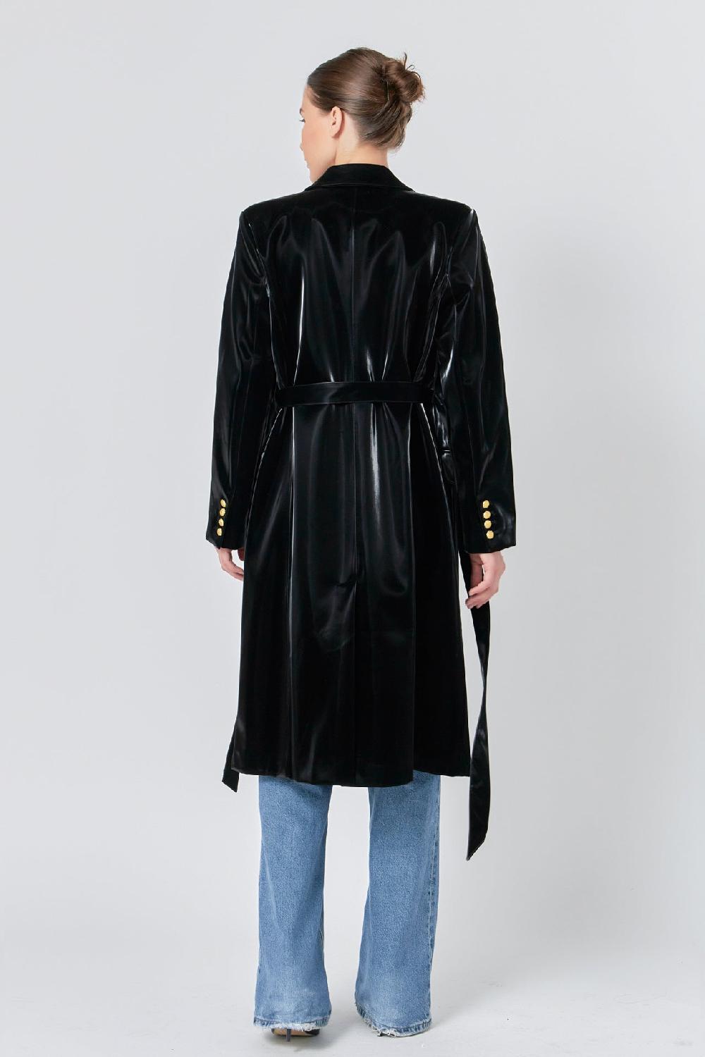 Endless Rose Shiny Faux Leather Trench Coat BLACK