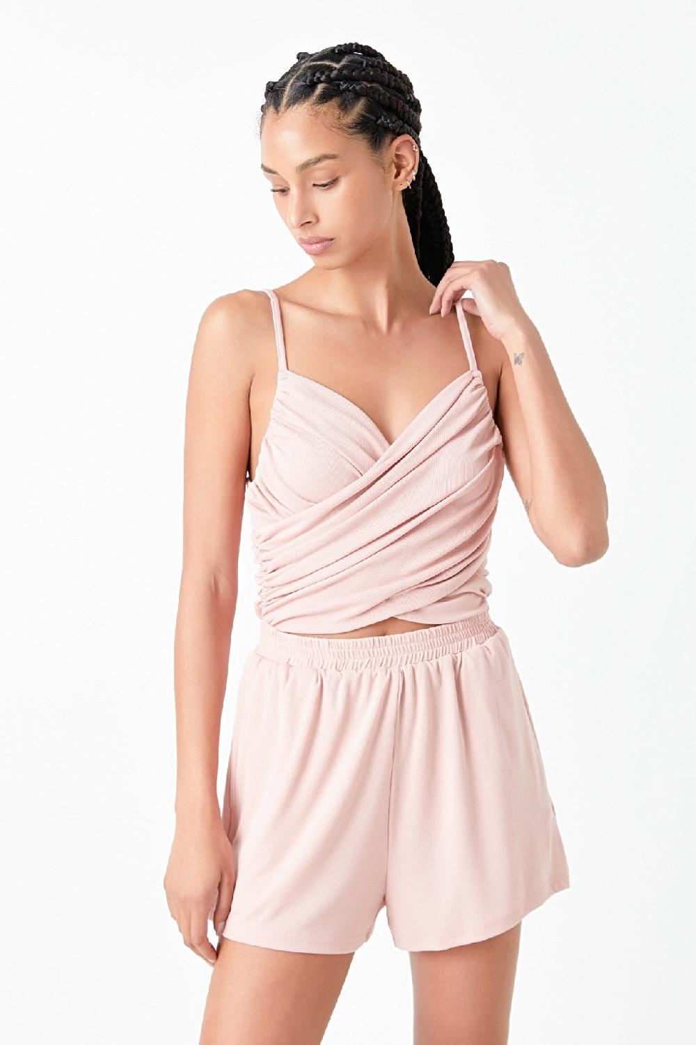 endless rose Shirred Detail Knit Romper DUSTY PINK