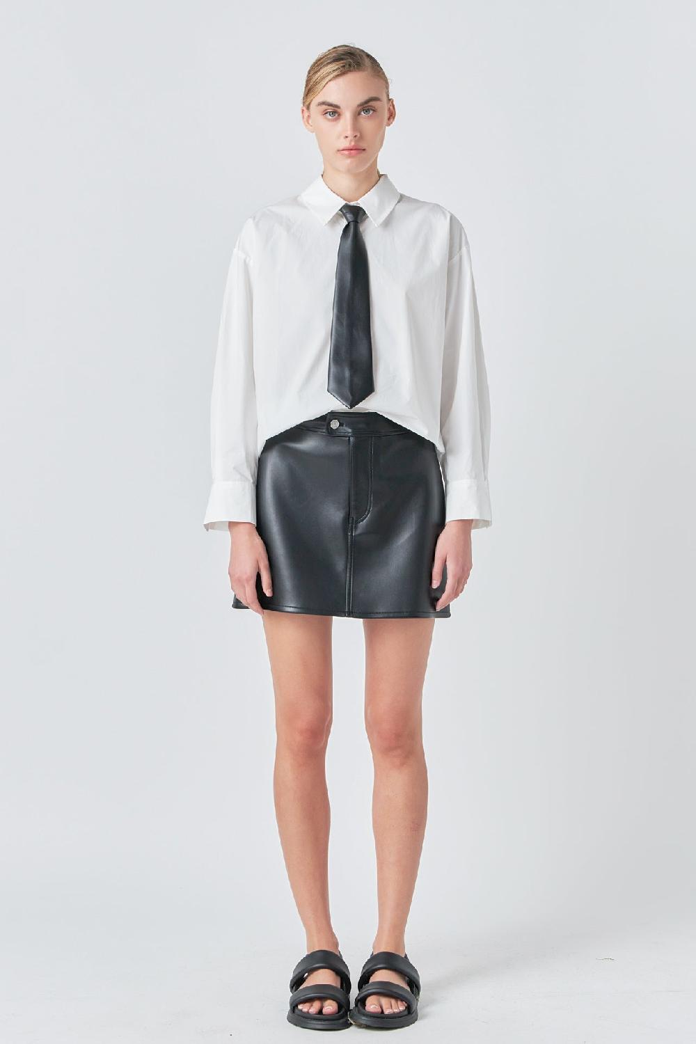 Endless Rose Shirt With Faux Leather Necktie WHITE