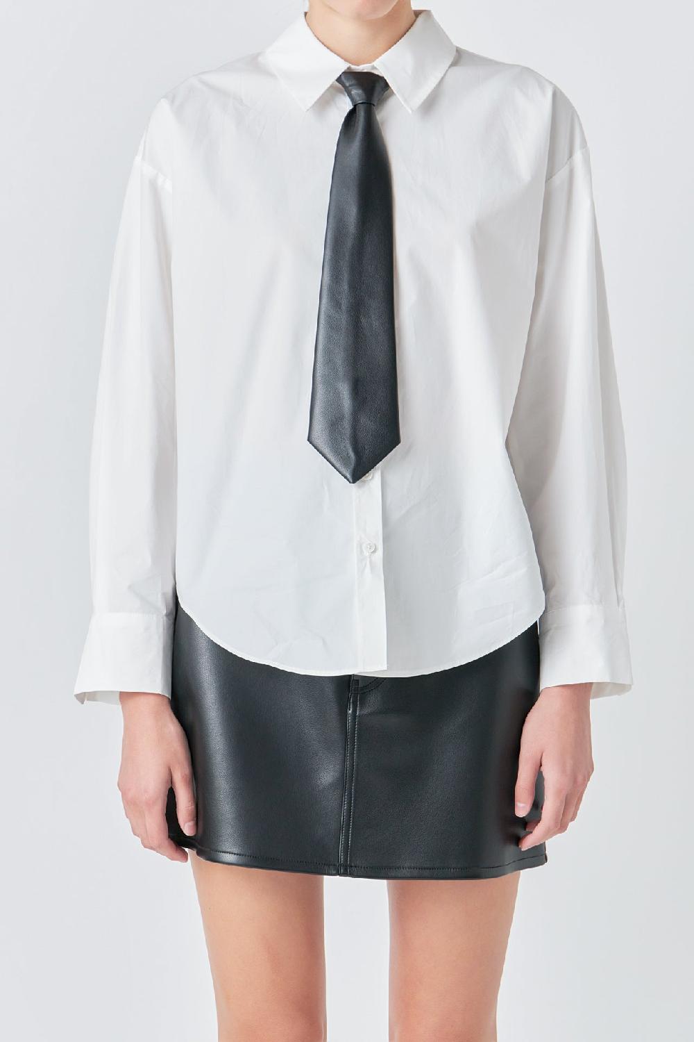 Endless Rose Shirt With Faux Leather Necktie WHITE